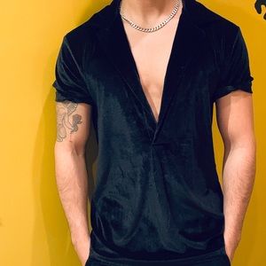Velour open neck collared black shirt from Asos